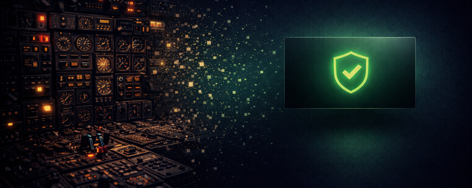 A dense cockpit of controls fading into a clean monitoring station