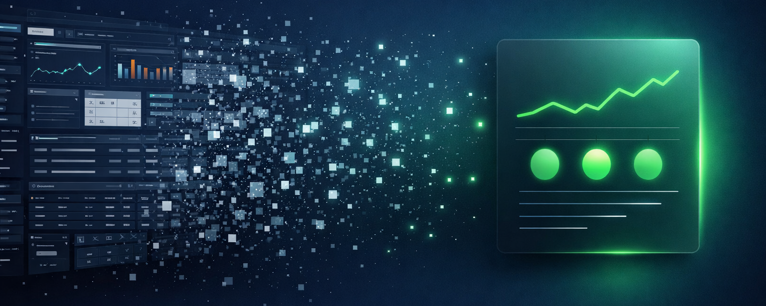 Complex dashboard dissolving into a simple, clean interface