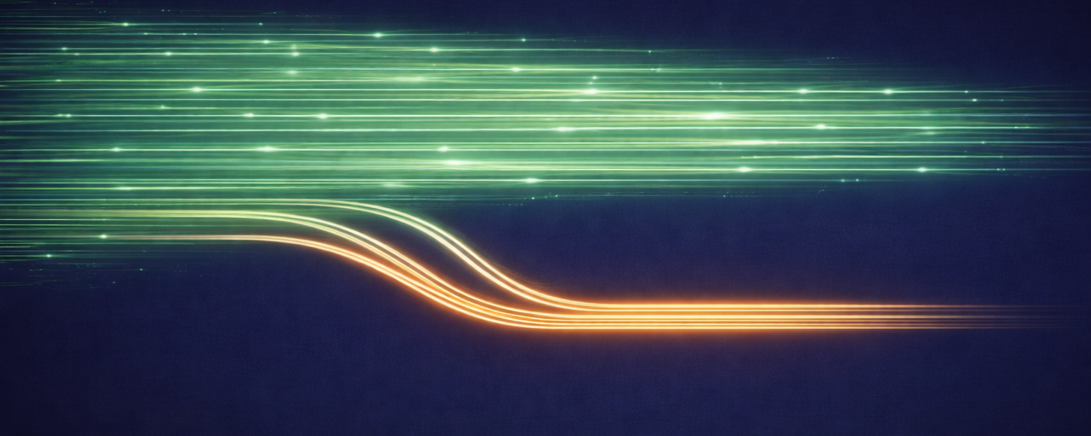 A complex workflow diagram dissolving into a simple exceptions queue